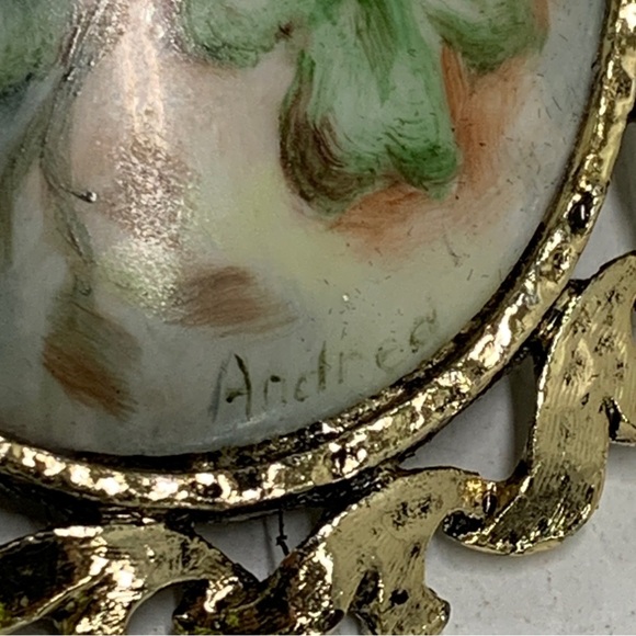 Vintage Hand Painted Acorn Oak Porcelain Brooch Pin - Artist Signed By Andrea - Picture 2 of 4